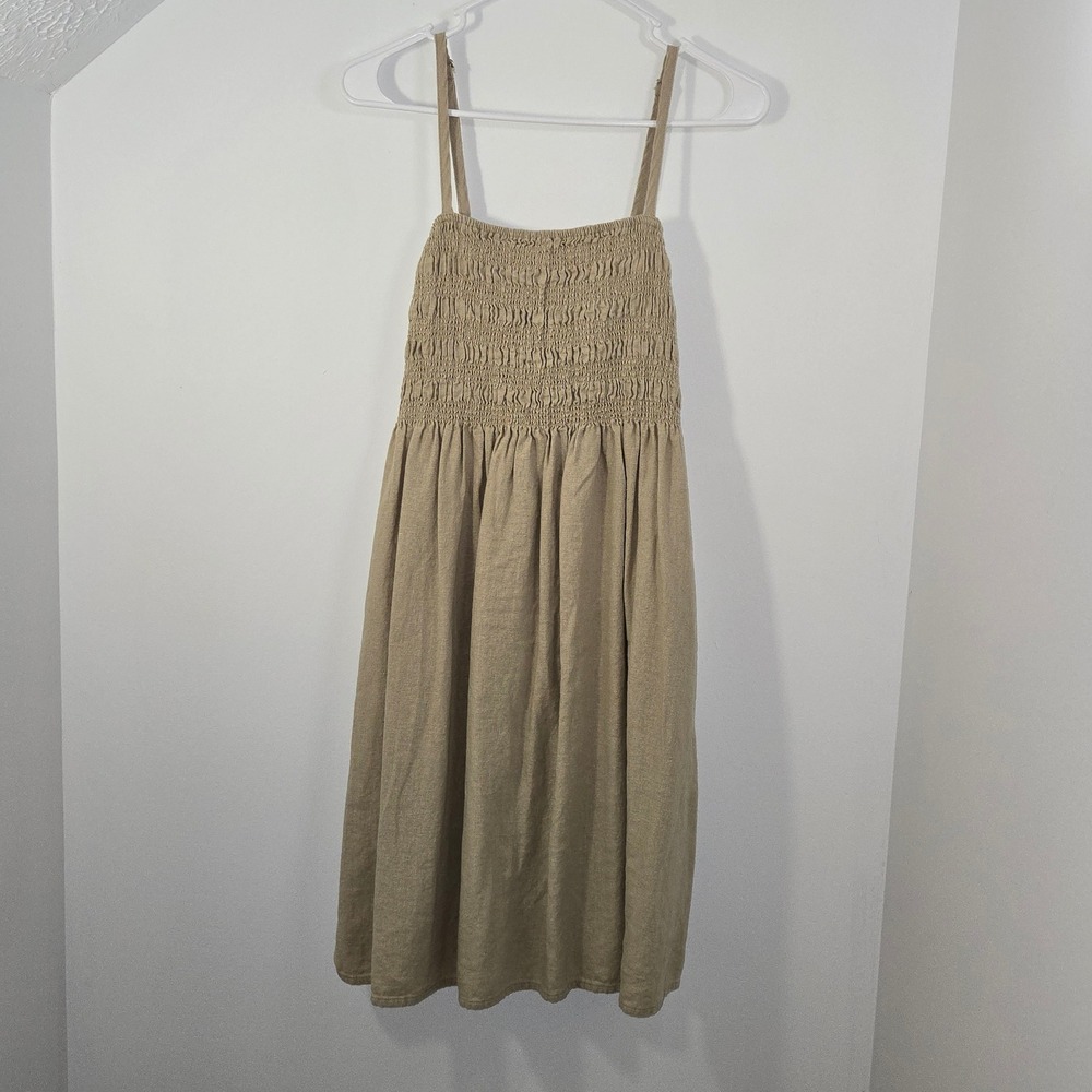 Universal Thread Tan Linen Blend Smocked Midi Dress Womens Medium Khaki Pockets
